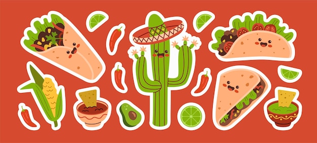 Vector mexicaans eten grappige personages stickers set mexicaanse keuken schattig gelukkig gezicht emoticons mascotte collectie