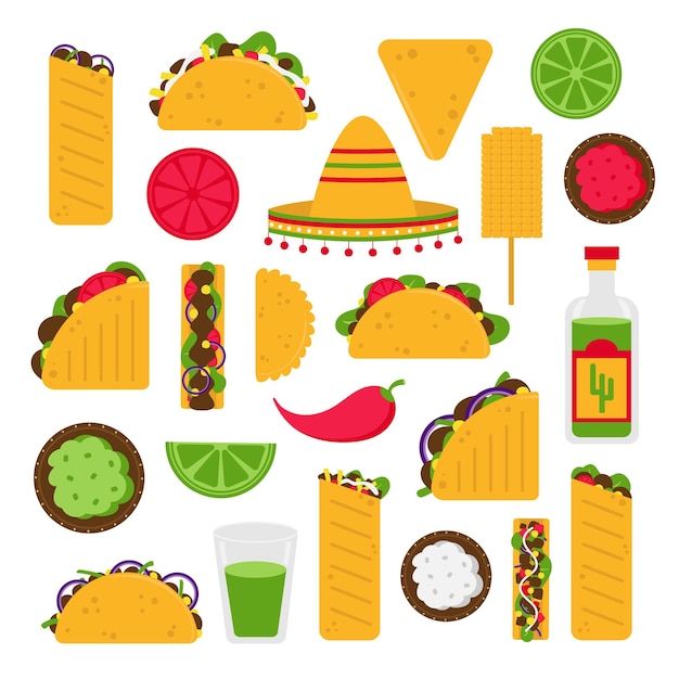 Mexicaans eten in cartoon vector stijl traditionele ingrediënten collectie