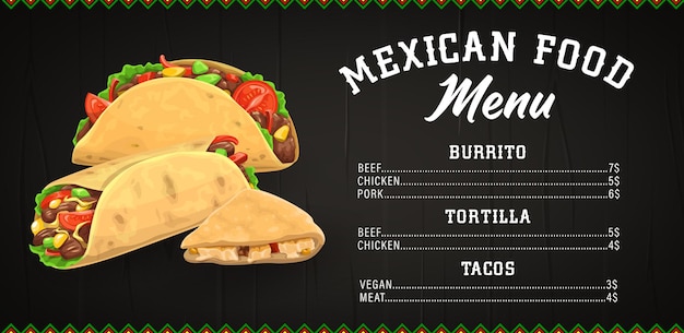 Mexicaans eten menusjabloon. Burrito, tortilla en taco's fastfood pittige snacks met kip, rundvlees en varkensvlees en veganistisch. Fastfood Mexico maaltijden afhaalmenu of bezorgingsassortiment