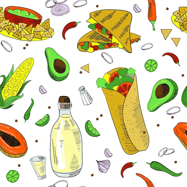 Mexicaans eten naadloze patroon handgetekende vector background