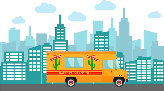 Mexicaans Fast Food Truck-voertuig met Cactus en Sombrero aan de zijkant op de achtergrond met stadsgezicht