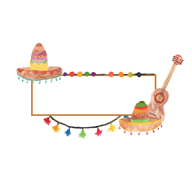 Mexicaans Spaans feestpopperframe met Spaanse gitaar en sombrerohoed aquarel