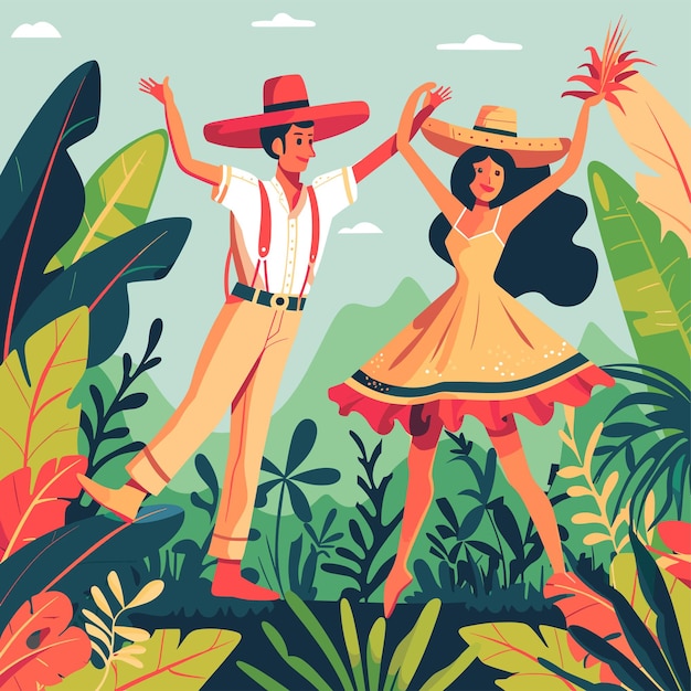 Mexicaans stel dat in de tuin danst Vectorillustratie in platte stijl