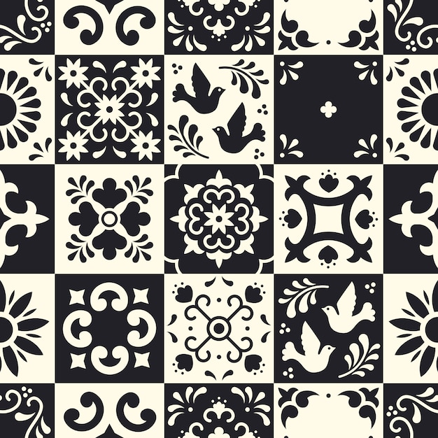 Vector mexicaans talavera naadloos patroon. keramische tegels met bloemen, bladeren en vogelornamenten in traditionele majolica-stijl van puebla.