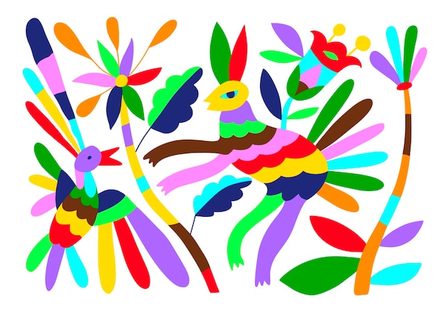 Mexicaans tribaal borduurpatroon in otomi-stijl met vogeldier en bloem