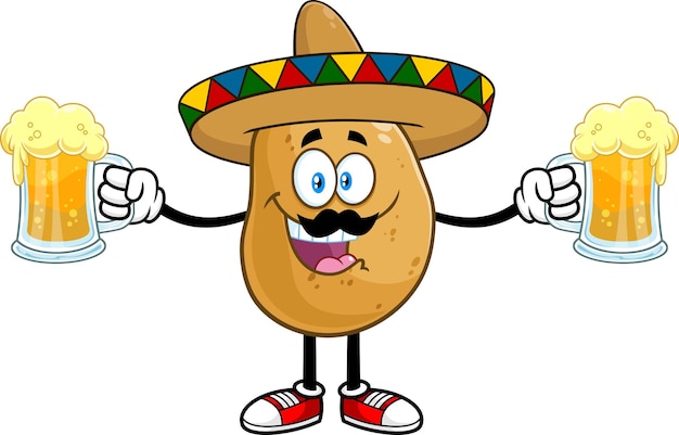 Mexicaanse aardappel stripfiguur met sombrero met twee mokken bier