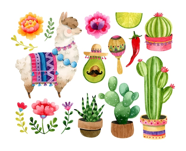 Mexicaanse aquarel elementen cactussen lama en maraca set