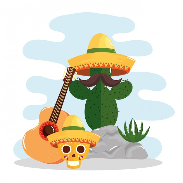 Mexicaanse cactus met hoed snor schedel en gitaar