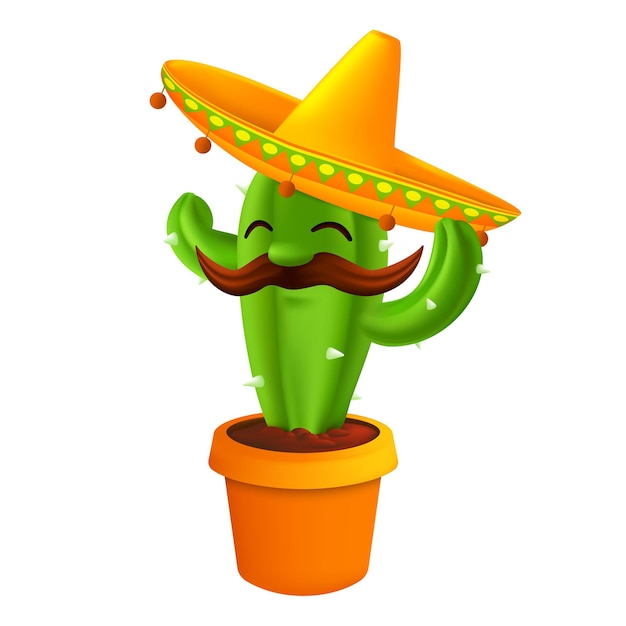 Mexicaanse cactus met snorren in een sombrero-hoed. grappige cartoon karakter illustratie voor 5 mei cinco de mayo vakantie