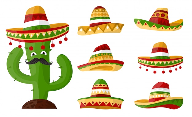 Vector mexicaanse cartooncactus met reeks sombrero's