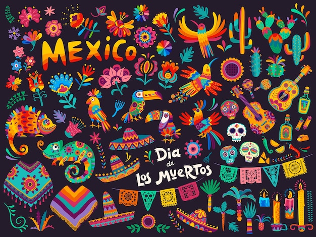 Mexicaanse cartoonsymbolen van dia de los muertos of dag van de dode vakantie