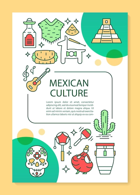 Mexicaanse cultuur brochure sjabloon lay-out. Reis naar Mexico. Flyer, boekje, folder printontwerp met lineaire illustraties. Vectorpaginalay-outs voor tijdschriften, jaarverslagen, reclameposters