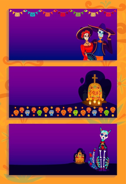 Mexicaanse dode dag vakantie banner set vector illustratie halloween in mexico mensen man vrouw karakter met traditionele masker doodsviering