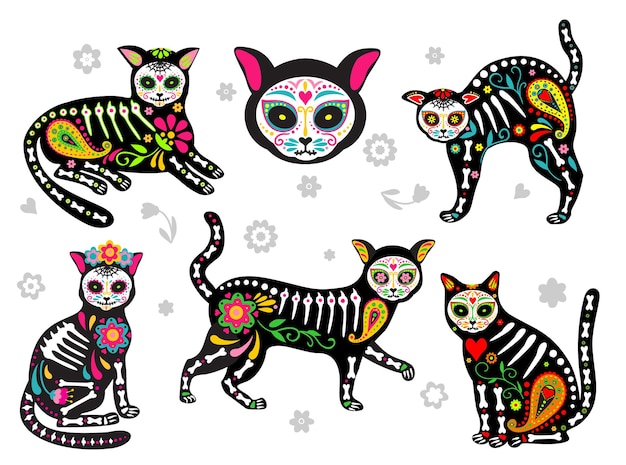 Mexicaanse dode katten. dode dieren. katten schedels en suiker hoofden kleurrijke vakantie vectorillustratie voor dag van de doden, botten skelet dia de los muertos huisdieren partij tekeningen