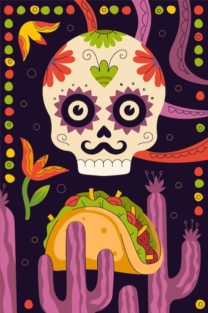 Mexicaanse fastfood taco's poster voor mexico cuisine restaurant menu voor taqueria eetcafe reclame. skeletschedel, cactusornament en traditioneel gevuld latijns-amerikaans gerechttortilla. taco-banner