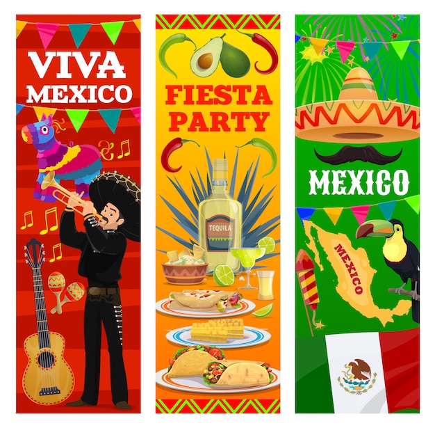 Mexicaanse feestbanners, de vlag, de kaart en het voedsel van Mexico