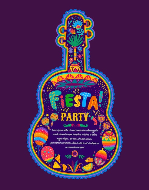 Vector mexicaanse fiesta flyer met gitaar bloemen