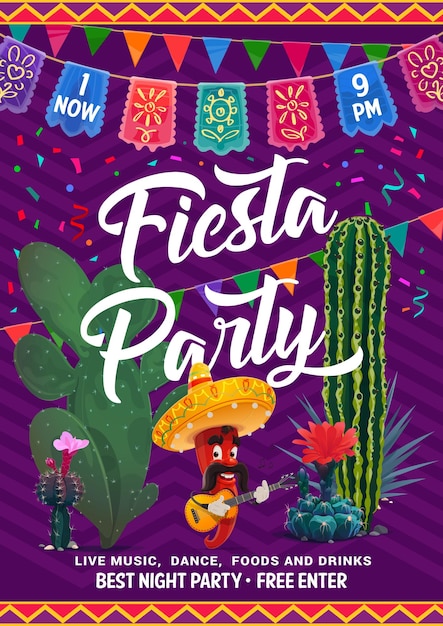 Vector mexicaanse fiesta party flyer cactussen chili peper