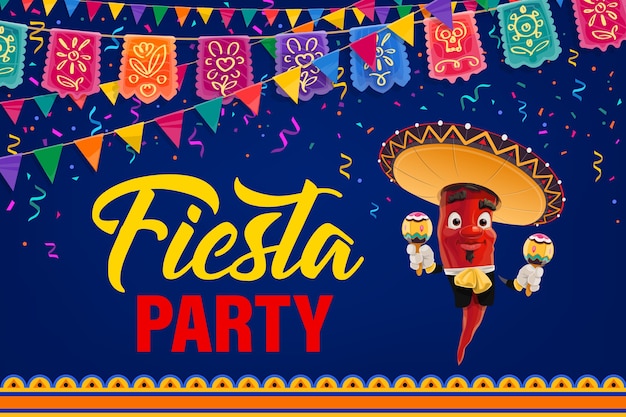 Mexicaanse fiesta party poster. Cartoon peper Mariachi karakter Mexico muzikant in sombrero en klederdracht maracas spelen. Uitnodiging voor Cinco de Mayo-evenement met vlaggenslingers en vuurwerk