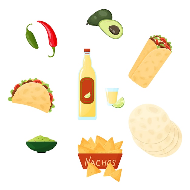 Mexicaanse keuken set Vectorillustratie van Mexicaans eten Burrito taco nachos tortilla guacamole