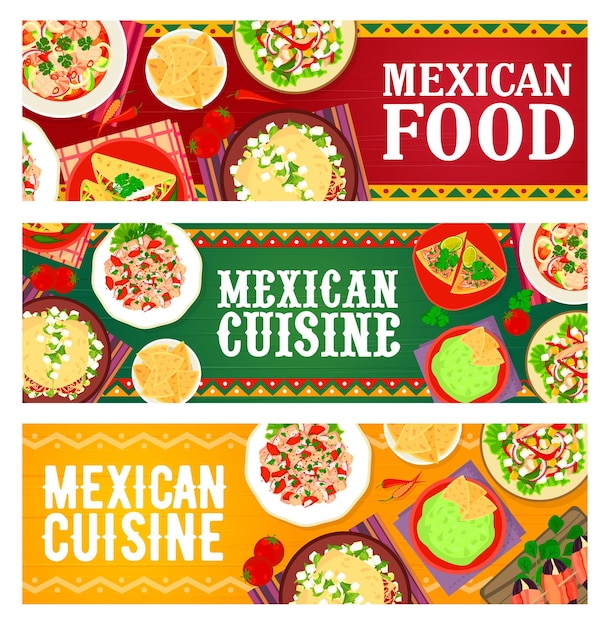 Mexicaanse keukenmaaltijden, banners van restaurantschotels. Vlees peper, groente en chorizo taco salade, zeevruchten en zalm ceviche, rundvlees tortilla's en guacamole nacho's, tapas met in spek gewikkelde dadels vector