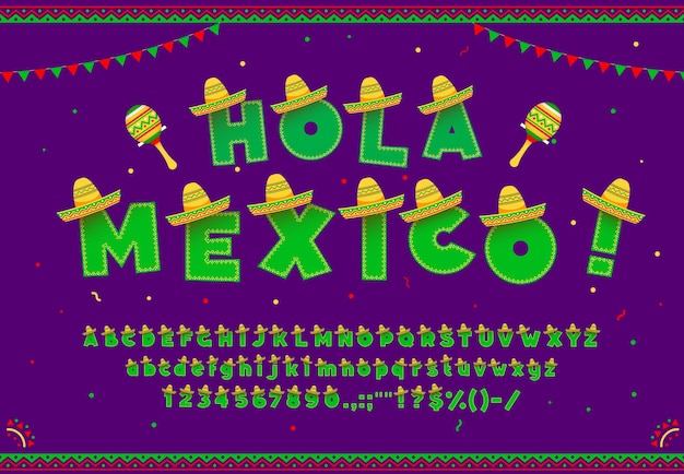 Mexicaanse lettertype Spaanse lettertype met sombrero hoed Latijns-Amerikaanse lettertype vakantie alfabet alfabet cijfers en getallen ABC lettertype typeset vector symbolen met Mexicaans ornament sombrero hoed en maracas