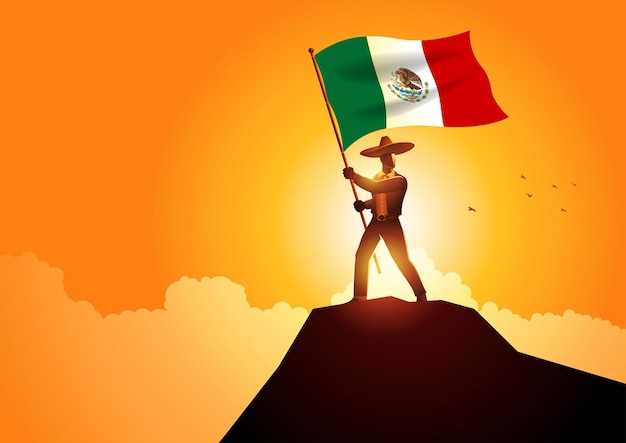 Mexicaanse man in sombrero en traditioneel kostuum met de vlag van mexico op de bergtop