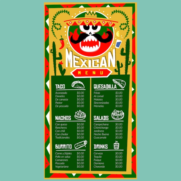 Vector mexicaanse menusjabloon voor restaurant en café. ontwerpsjabloon met voedsel handgetekende grafische illustraties