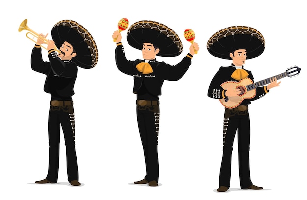 Vector mexicaanse muzikanten uit mariachi verenigen stripfiguren