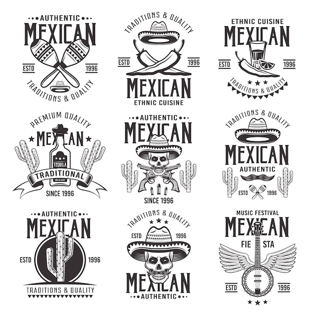 Mexicaanse nationale kenmerken, set van authentieke tekens, emblemen, etiketten, insignes en logo's in zwart-wit vintage op witte achtergrond