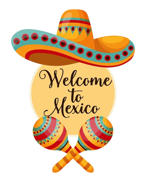 Mexicaanse poster Welkom in Mexico, sombrero en maracas. Illustratie, spandoek, vector