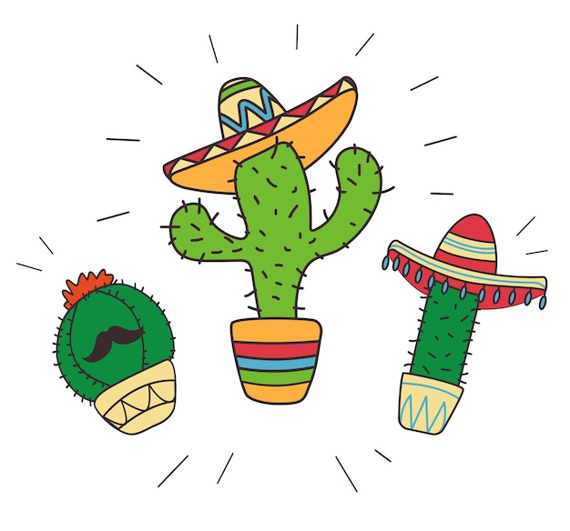 Mexicaanse schattige cactus met snor en sombrero Doodle-stijl felle kleuren