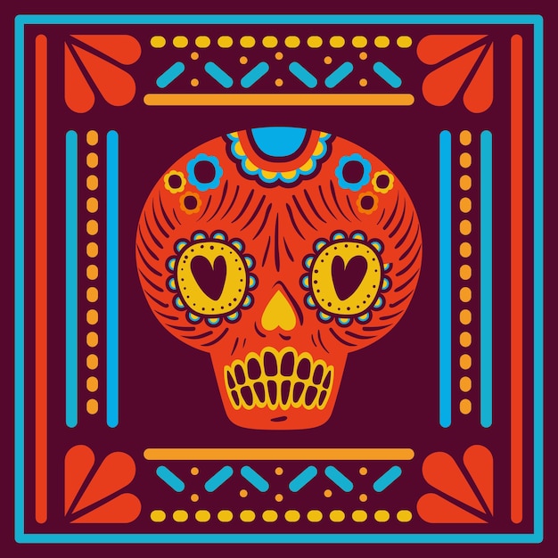 Mexicaanse schedel in frame op paars ontwerp als achtergrond.
