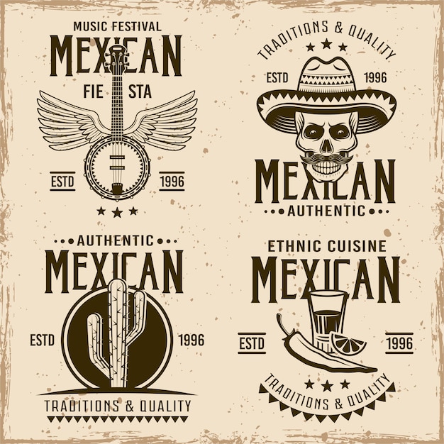 Mexicaanse set van vier vector emblemen etiketten badges of logo's in vintage stijl op vuile achtergrond met vlekken en grunge texturen