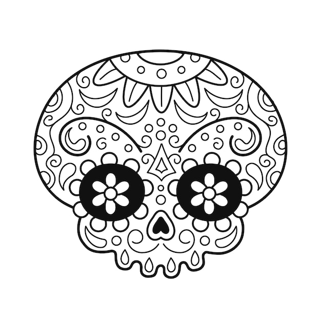 Mexicaanse suiker schedel pagina voor kleurboek vector doodle lijn cartoon karakter illustratie pictogram schedel tshirt printcoloring pagina ontwerp