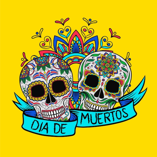 Mexicaanse suiker schedels met bloemmotief dia de muertos ontwerpelement voor poster wenskaart vector illustratie op gele achtergrond