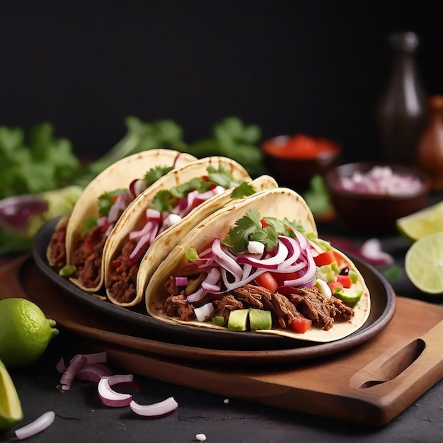 Mexicaanse taco's met vlees, groenten en rode uien