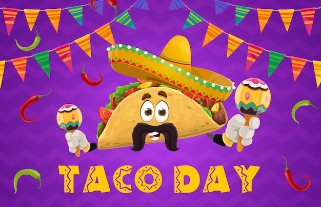 Mexicaanse tacos dag vakantie feest cartoon Tex Mex voedsel personage in sombrero vector poster Mexicaanse keuken voedsel festival achtergrond met grappige taco met maracas snor en papel picado vlaggen