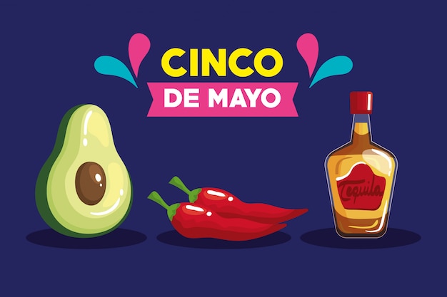 Mexicaanse tequilafles avocado en chili's van cinco de mayo