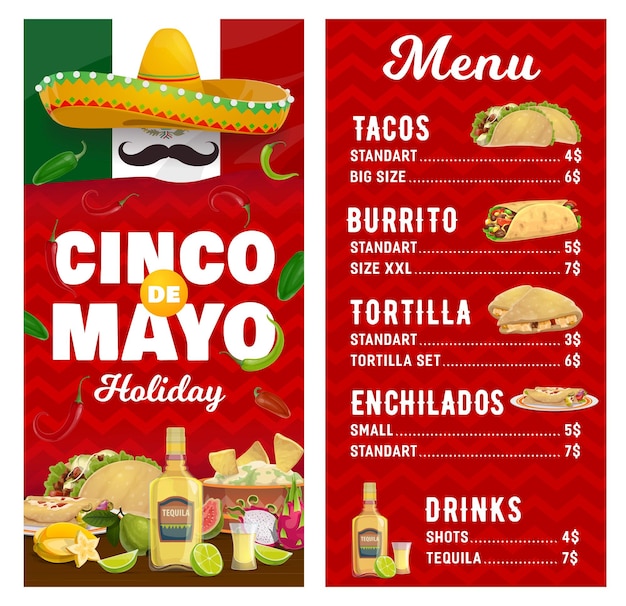 Mexicaanse vakantie vector menu Cinco de Mayo maaltijden