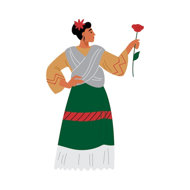 Mexicaanse vrouw in jurk met bloem platte cartoon vectorillustratie