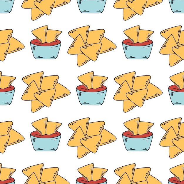 Mexican appetizer nachos with sauce seamless pattern  Background of latinamericanfood