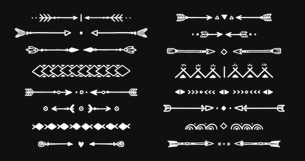 Vector mexican arrow hand drawn chalkboard element set african aztec rustic ethnic arrow ornament divider tribal boho decor design