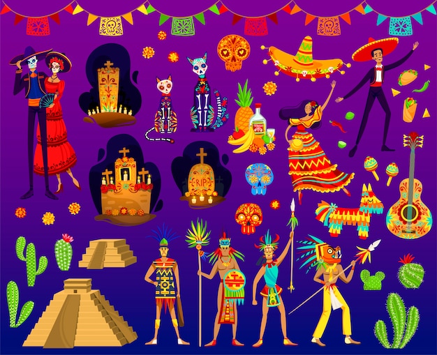 멕시코 아즈텍 삽화, 만화는 전통적인 민속 장식 또는 멕시코에서 죽은 파티 요소로 설정