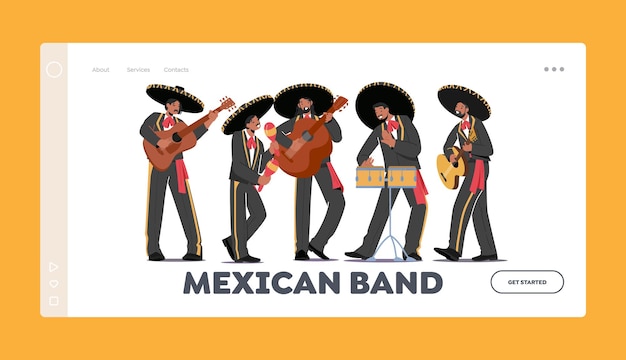 Шаблон целевой страницы мексиканской группы музыканты мариачи играют на гитарных барабанах и инструментах маракас