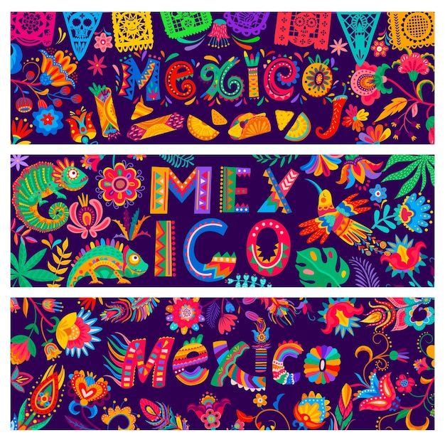 Vector mexican banners with food, chameleons and flowers, birds, feathers, papel picado flags and chilli peppers, decorated with bright ethnic ornament. national holiday of mexico vector banners