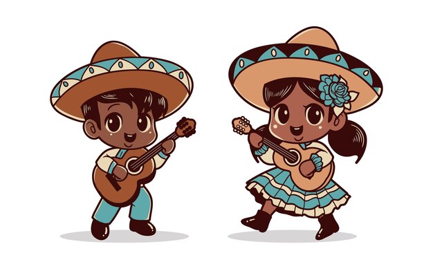 Vector mexican boy and girl playing guitar illustration