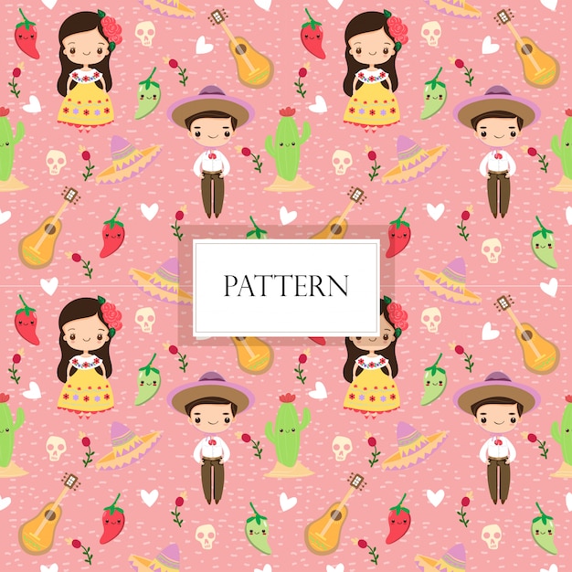 Mexican boy and girl seamless pattern