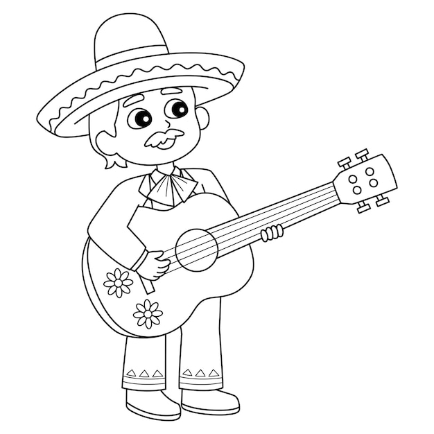 Mexican Boy with Guitar Isolated Coloring Page