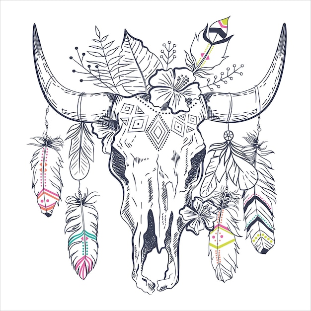 mexican bull skull with feathers on horns